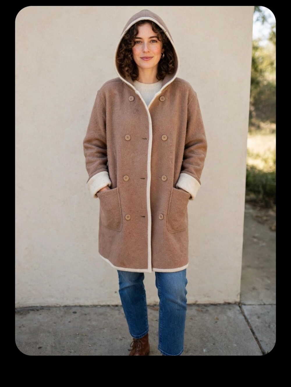 Hooded Double-Breasted Camel Coat with Cream Trim
